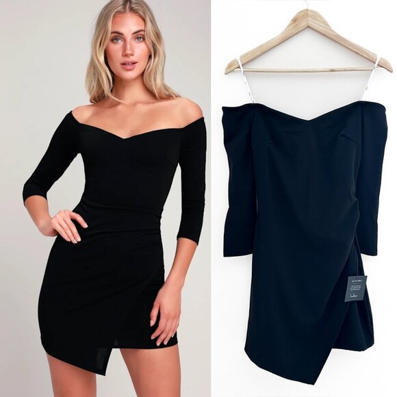 NWT Lulu's Baby Be Mine Black Sexy Off-the-Shoulder Bodycon Dress - Size S - Picture 1 of 15